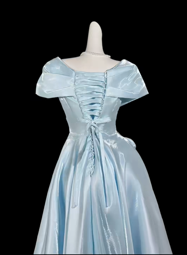Charming Blue Satin Pleated 3D Floral A Line Long Evening Dress Birthday Party Gown D4164