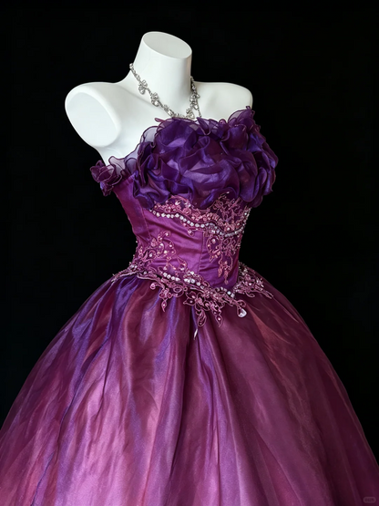 Vintage Strapless Quinceanera Dress Purple Tulle Appliques Beaded Sweet 15 Dress D5269