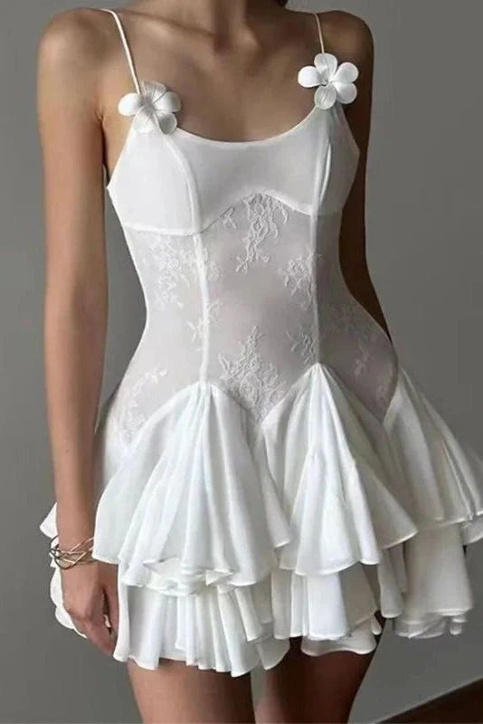 Fashion Spaghetti Straps White Lace Chiffon Short Homecoming Dress Birthday Outfits D751