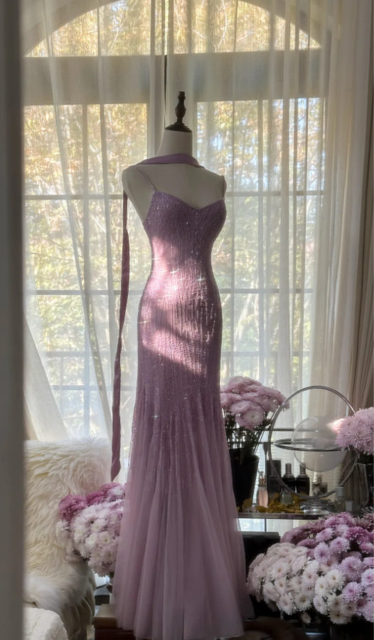 Elegant Spaghetti Straps Purple Chiffon Beaded Mermaid Long Party Dress Evening Gown D2105