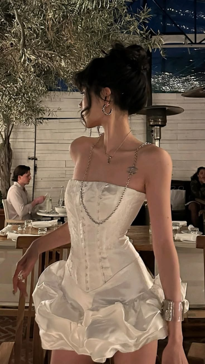 Elegant Strapless White Satin Pleated Short 6th Grade Homecoming Dress Mini Birthday Dress D2964