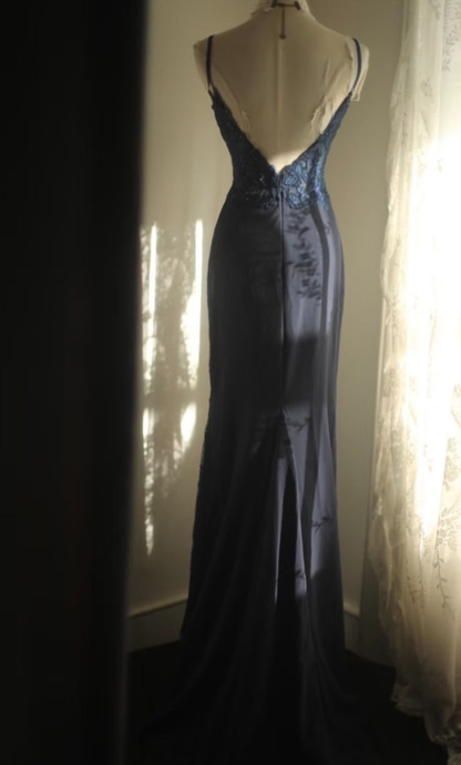 Vintage Spaghetti Strap Navy Blue Satin Appliques Mermaid Long Wedding Guest Dress Birthday Evening Dress D1979