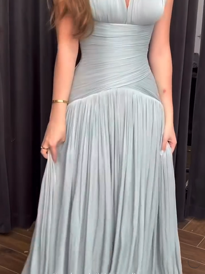 Elegant Blue Halter V Neck Chiffon Pleated Mermaid Evening Dress Long Wedding Guest Dress D1361