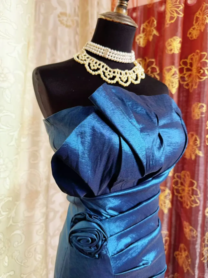 Vintage Strapless Blue Satin Sheath Homecoming Dress Cocktail Dress D1826