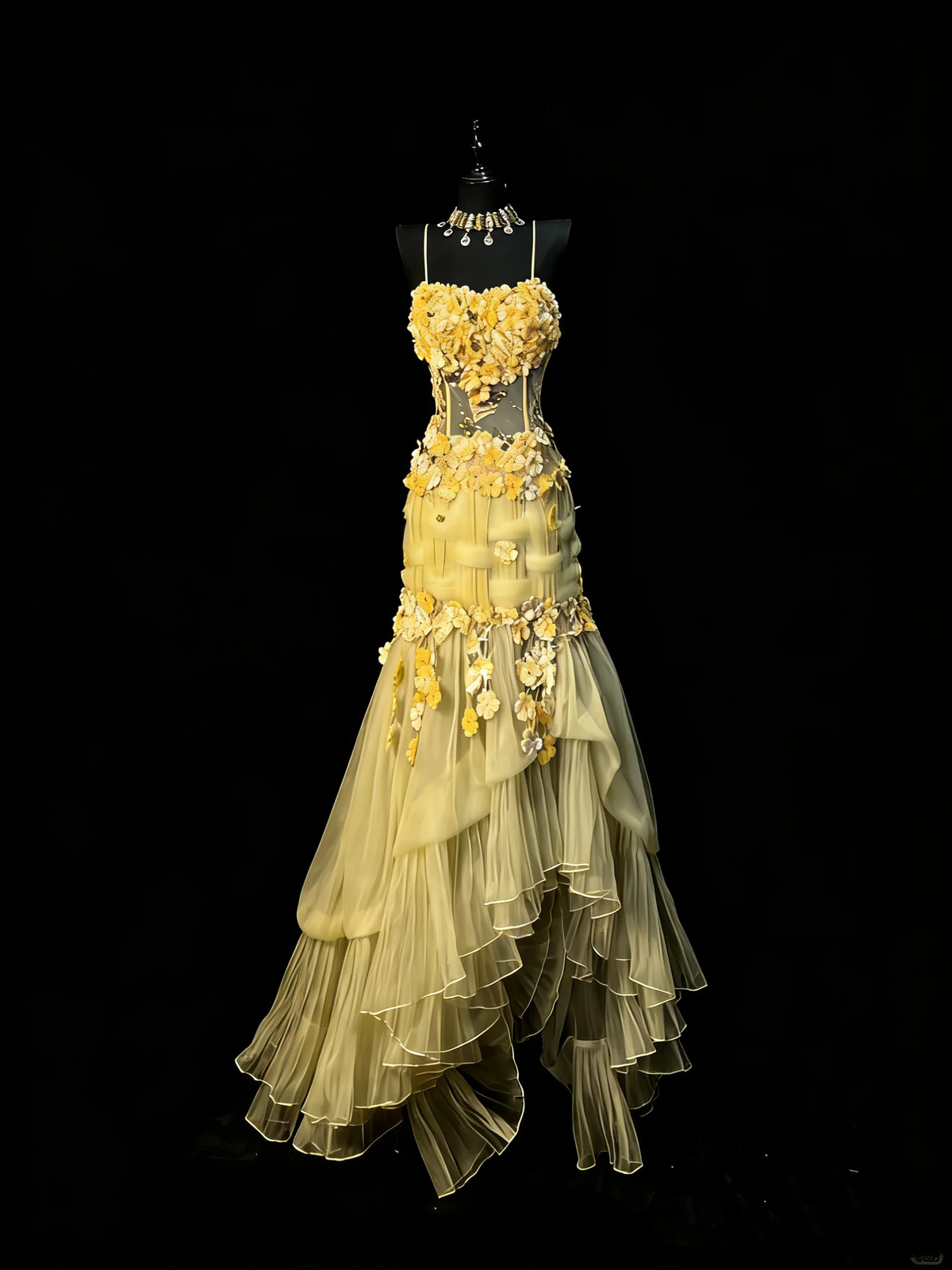 Unique Mermaid Spaghetti Strap Yellow Tulle Flowers 1950s Long Prom Dresses Party Dress 18th Birthday Outfits D4269