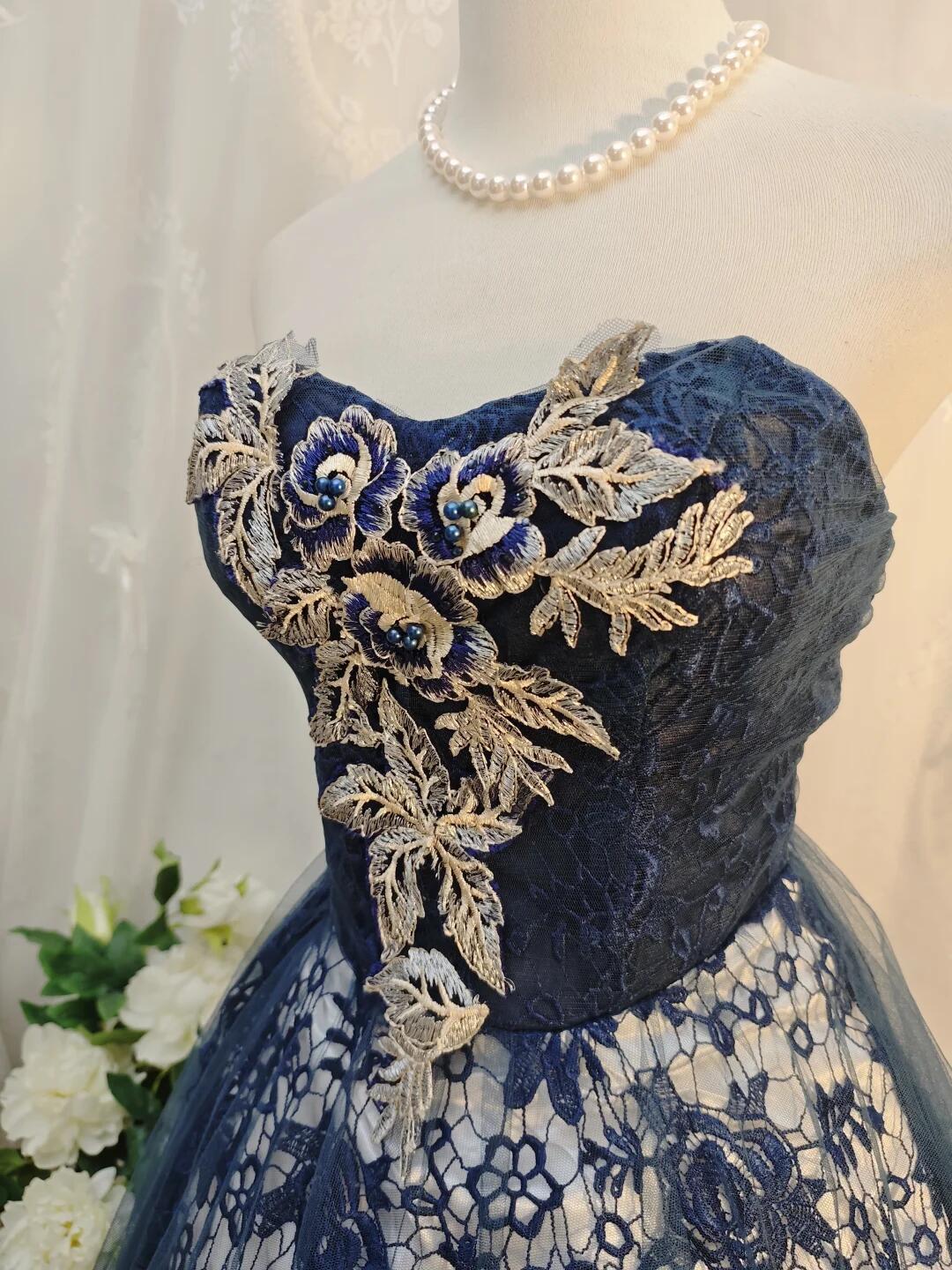 Retro Sweetheart Neck Lace Embroidery Appliques Short Birthday Outfits,Navy Blue Homecoming Dress D3161