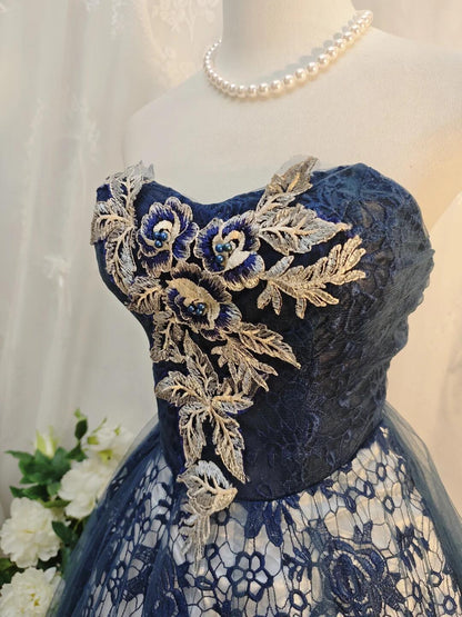 Retro Sweetheart Neck Lace Embroidery Appliques Short Birthday Outfits,Navy Blue Homecoming Dress D3161