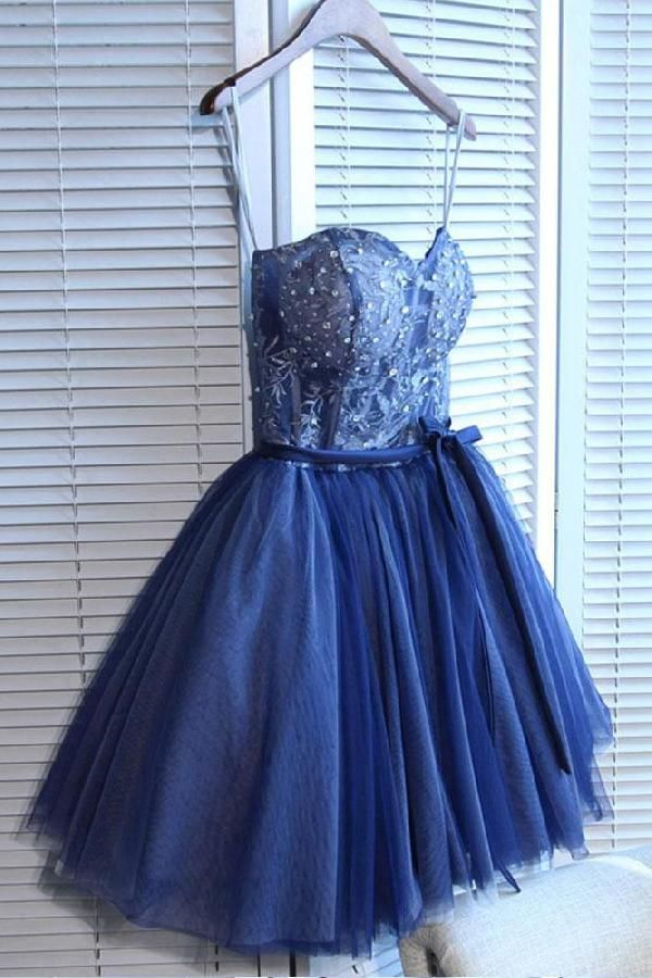 Classy Sweetheart Neck Tulle A Line Short party Dress,Navy Blue A Line Short Homecoming Dress D3994