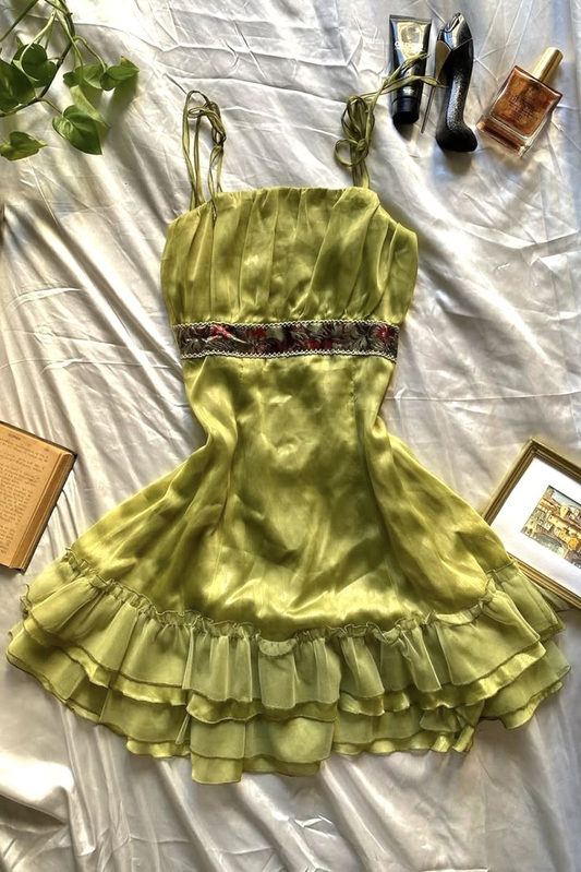 Vintage Olive Green Spaghetti Straps Satin Formal Graduation Homecoming Dress Short Birthday Outfits D339