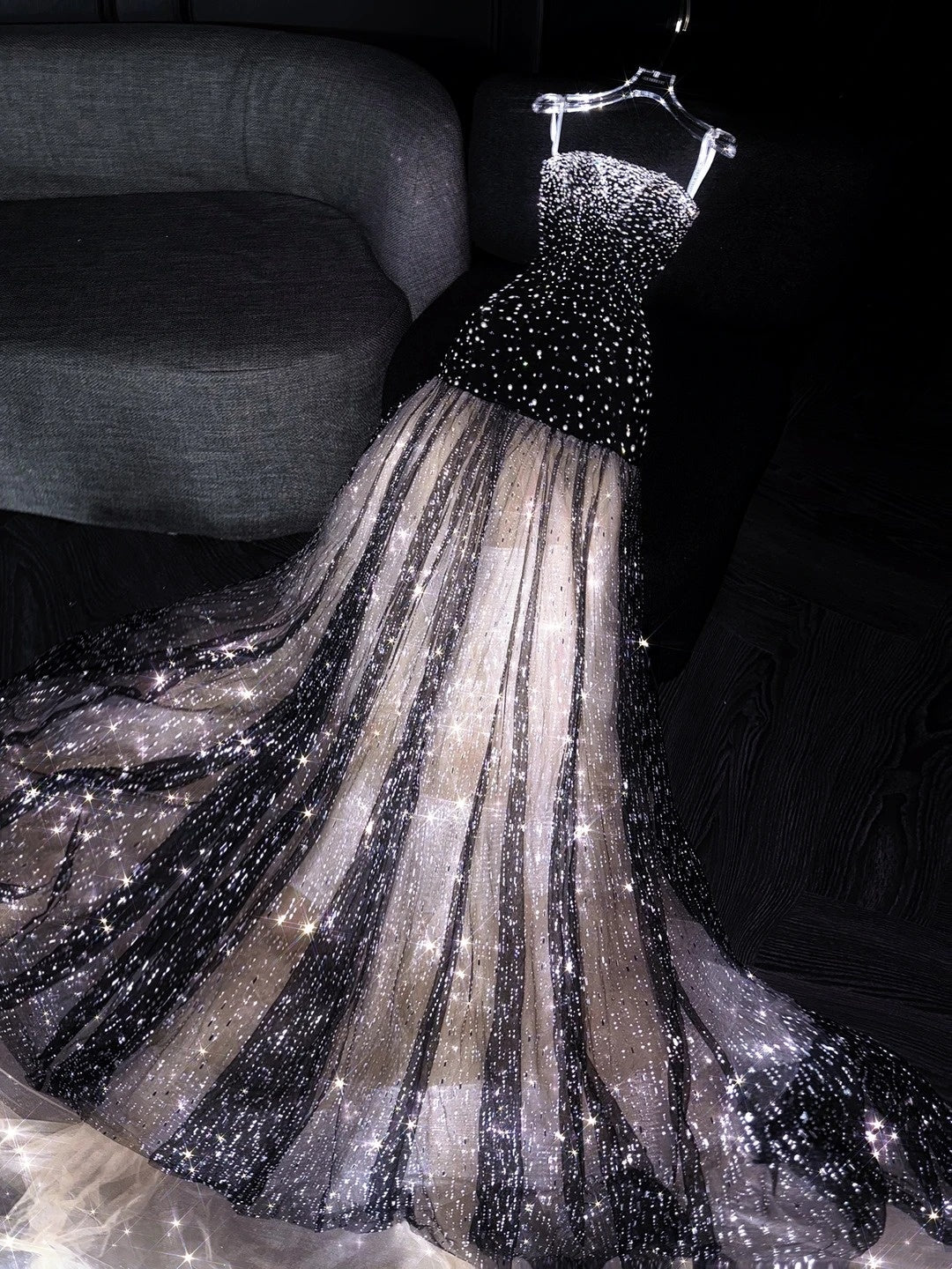 Shiny Mermaid Strapless Black Tulle Sequined Long Birthday Prom Dresses Party Gown D4548