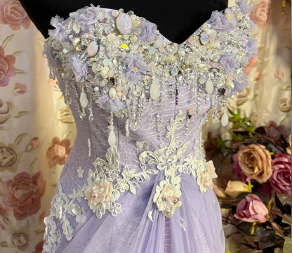 Pretty Strapless Tulle Lace Appliques Beaded Mermaid Slit Evening Dress Purple Birthday Party Gown D2189