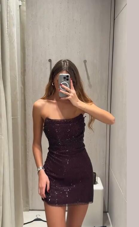 Shiny Dark Purple Sequin Sheath Short Graduation Homecoming Dress,Strapless Mini Prom Dress D4128