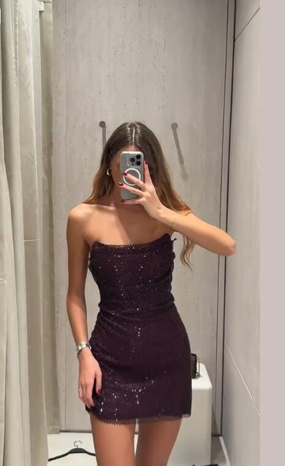 Shiny Dark Purple Sequin Sheath Short Graduation Homecoming Dress,Strapless Mini Prom Dress D4128