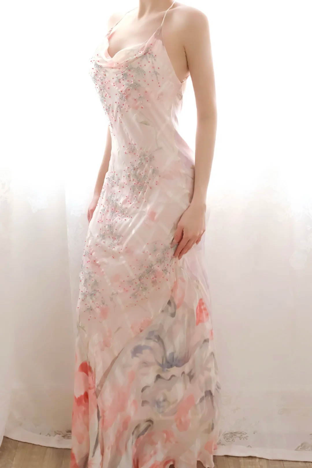Glamorous Halter Chiffon Tie-dye Beaded Mermaid Long Party Gown Evening Dress D2712