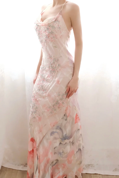 Glamorous Halter Chiffon Tie-dye Beaded Mermaid Long Party Gown Evening Dress D2712