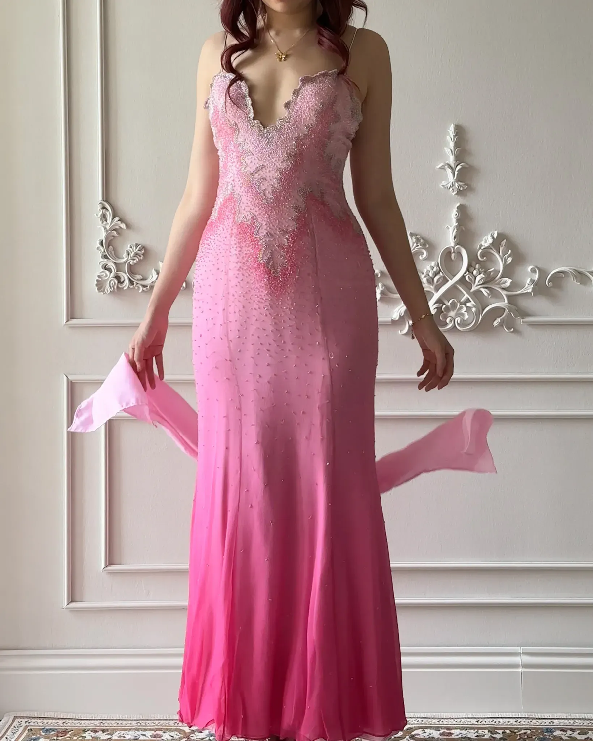 Glamorous Spaghetti Straps Ombre Pink Chiffon Beaded Mermaid Long Evening Dress Party Gown D5417