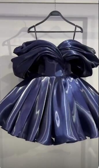 Sexy Off The Shoulder Navy Blue Satin Pleated Short Homecoming Dress Birthday Outfits D4754