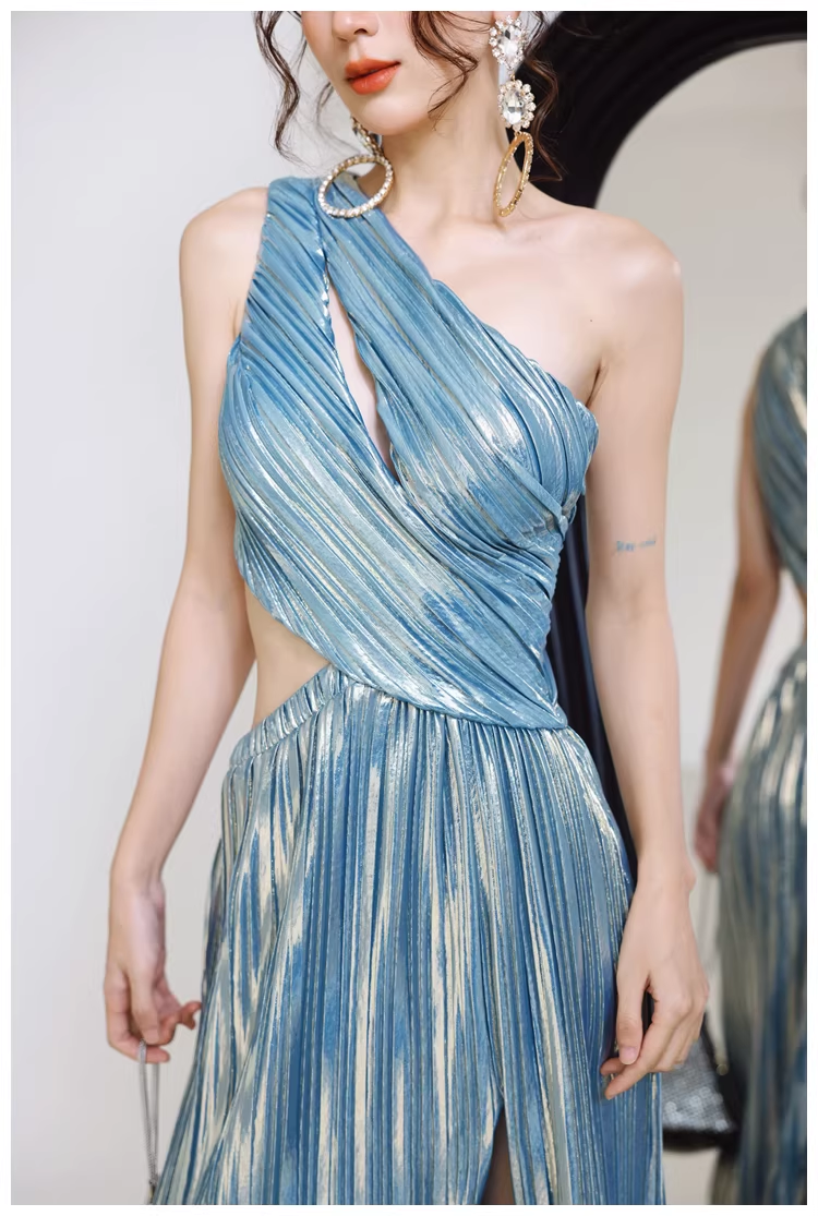 Sexy One Shoulder Satin Pleated Slit Long Wedding Guest Dress Blue Birthday Prom Dress Evening Gown D2458