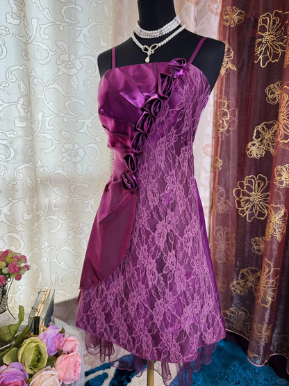 Charming Purple Satin Lace Short Prom Dress Formal Graduation Homecoming Dress D724