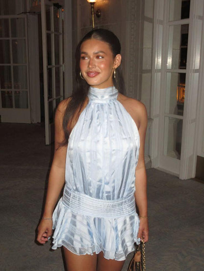 Elegant Halter Tulle A Line Mini Birthday Dress,Blue Backless Short 7th Grade Homecoming Dress D3886