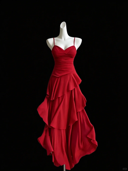 Elegant Spaghetti Straps Satin Ruffle Layered Mermaid Long Wedding Guest Dress,Red Long Party Dress D2789