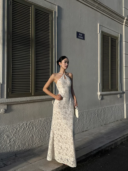 Glamorous Beige Sleeveless Lace Mermaid Slit Long Evening Dress Formal Birthday Party Gown D2086