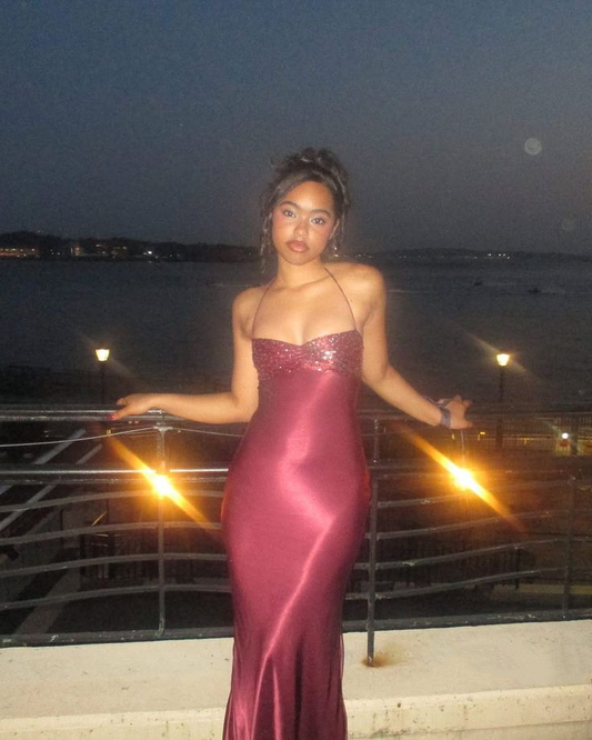 Fashion Halter Burgundy Satin Sequin Mermaid Long Wedding Guest Dress Formal Evening Dress Prom Gown D1897