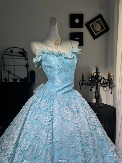 Sweet Blue Ball Gown,Spaghetti Straps Tulle Lace Floral Birthday Quinceanera Dress With Bow D3735