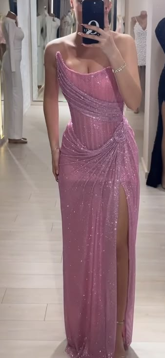 Glamorous Pink Sequin Slit Sheath Long Prom Dress Strapless Long Party Gown D5124