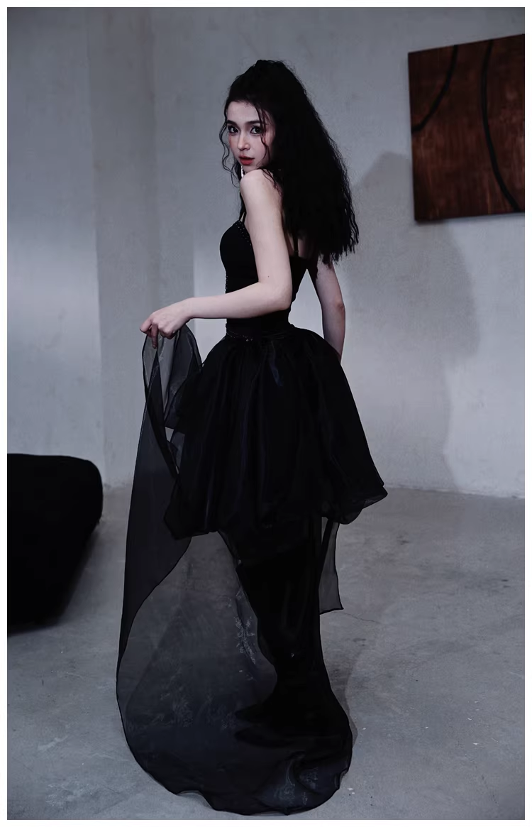 Gorgeous Black Organza Satin Beaded Long Party Dress Birthday Evening Dress D2445