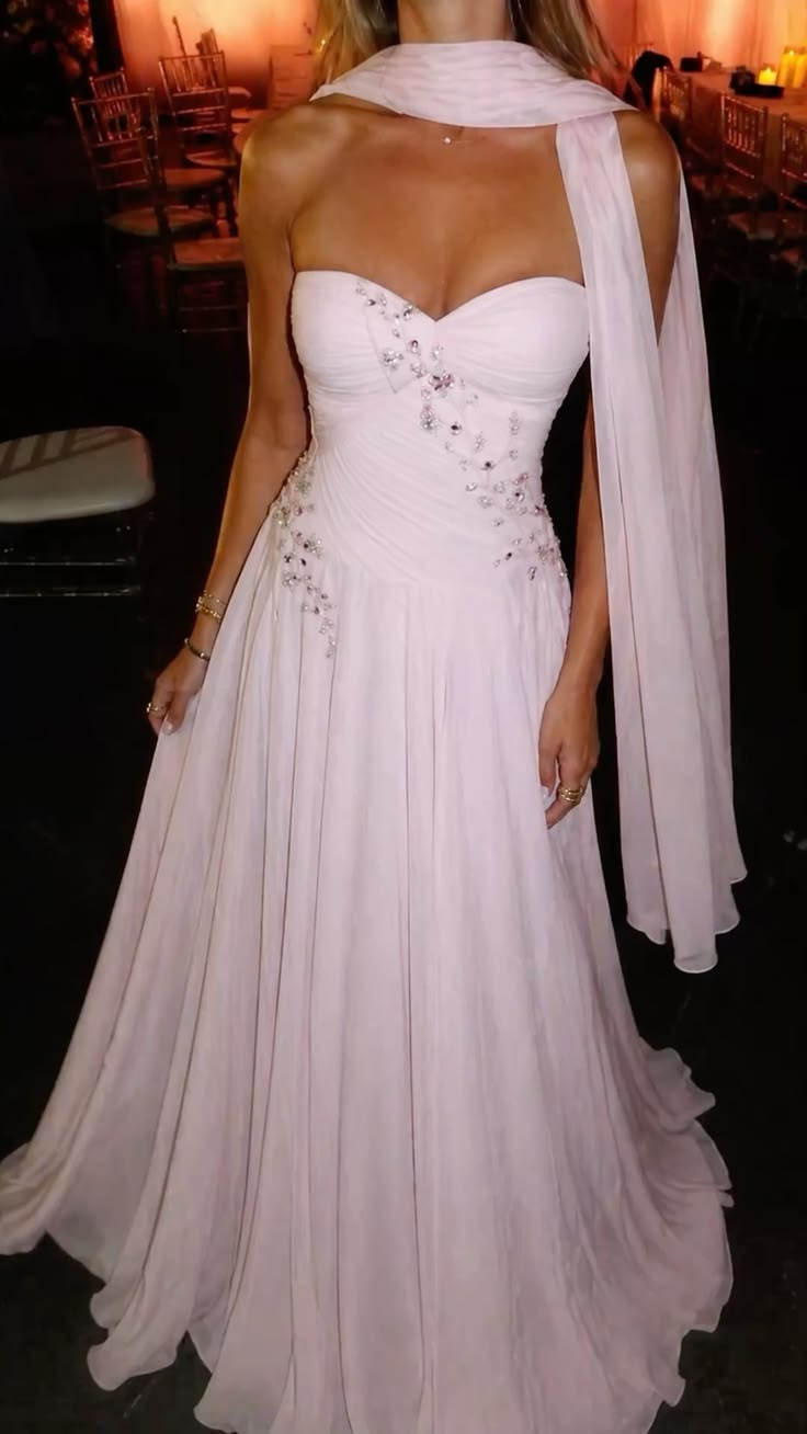 Sweet Pink Sweetheart Neck Chiffon Beaded A Line Long Party Dress Birthday Prom Gown With Scarf D2908