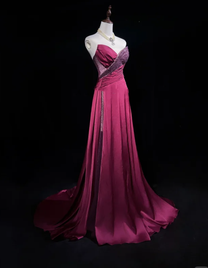 Elegant Strapless Hot Pink Satin Beaded Mermaid Long Wedding Guest Dress Formal Evening Dress D2058