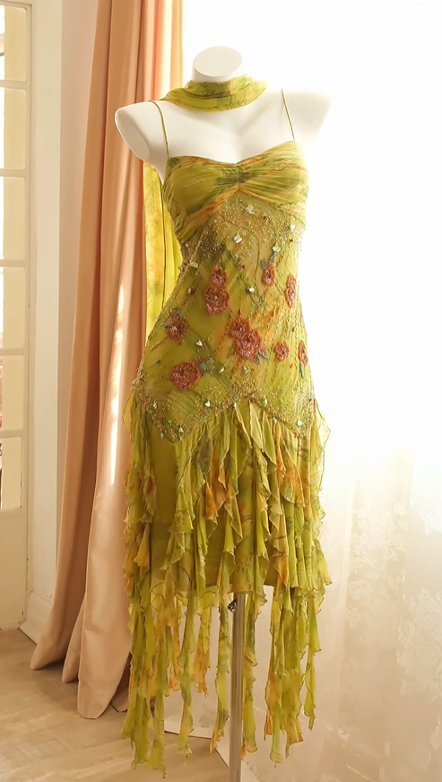 Unique Spaghetti Straps Chiffon Beaded Ruffles Evening Dress Olive Yellow Birthday Prom Gown D2720