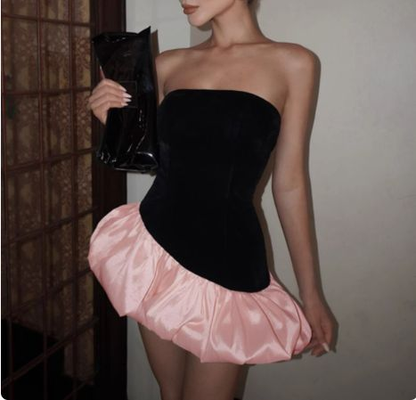 Retro Contrast Color Stitching Strapless Mini 17th Birthday Homecoming Dress S936