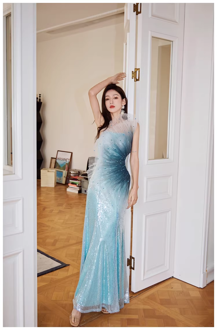 Glamorous Blue Tulle Sequin Mermaid Long Evening Dress Formal 19th Birthday Outfits With Beads D2400