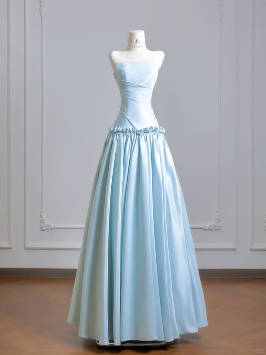 Chic Light Blue Strapless Satin A Line Heart-shaped Backless Long Evening Dress Birthday Prom Dress D2501