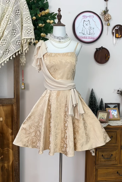 Vintage Satin Print Floral A Line Mini Party Dress Spaghetti Straps Champagne Homecoming Dress  S335