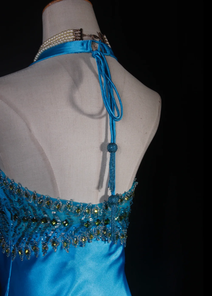 Elegant Halter V Neck Satin Beaded Prom Dress Blue Mermaid Slit Long Party Gowns D2241