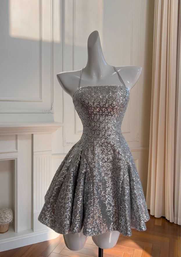 Simple Silver Spaghetti Strap A-line Sequin Homecoming Dress Cocktail Dress S436