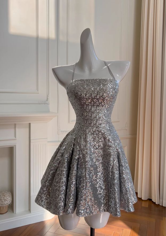 Simple Silver Spaghetti Strap A-line Sequin Homecoming Dress Cocktail Dress S436