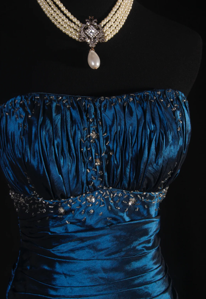 Gorgeous Strapless Satin Pleated Layered Beaded Evening Dress Navy BLue Mermaid Long Party Dress D2223