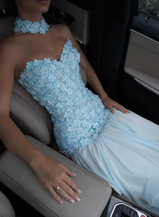 Elegant Light Blue Strapless Chiffon Appliques A Line Long Party Dress Birthday Evening Dress D3547