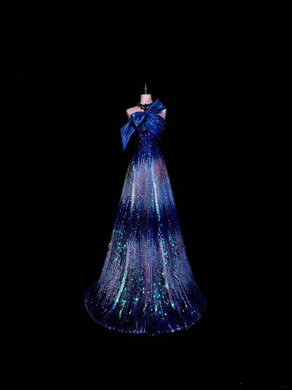 Unique Strapless Blue Sequin Long Party Dress Evening Dress D5375
