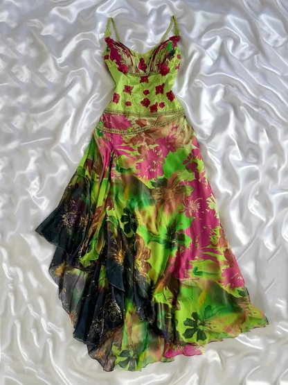 Unique Spaghetti Straps Chiffon Printed Floral Mermaid Evening Dress Long Party Gown D710