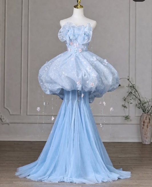 Elegant Strapless Tulle Appliques Short 15th Birthday Outfits,Blue Formal Graduation Homecoming Dress D2812