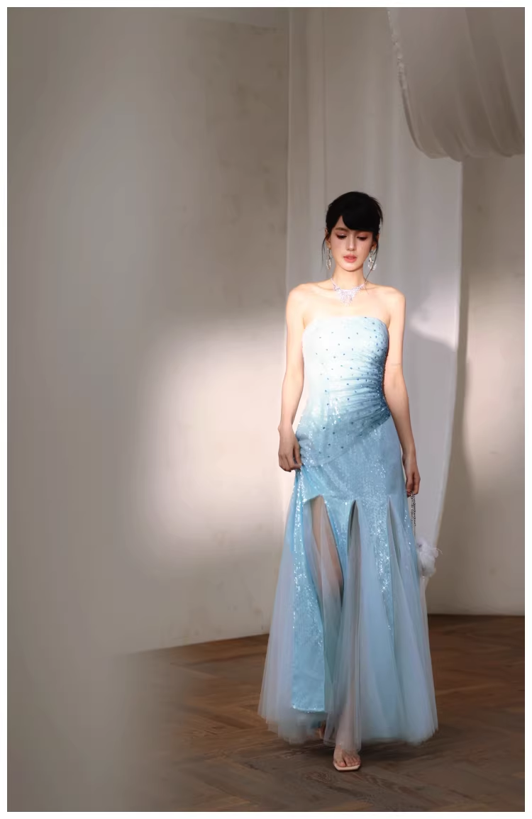 Charming Strapless Blue Tulle Sequin Beaded Mermaid Long Evening Dress Birthday Party Gown D2436