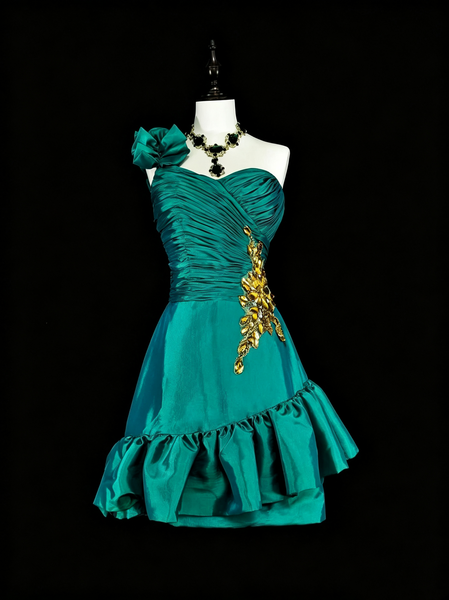 Vintage Green Satin Pleated Beaded Short 17th Birthday Outfits,One Shoulder Short Party Dress D4041