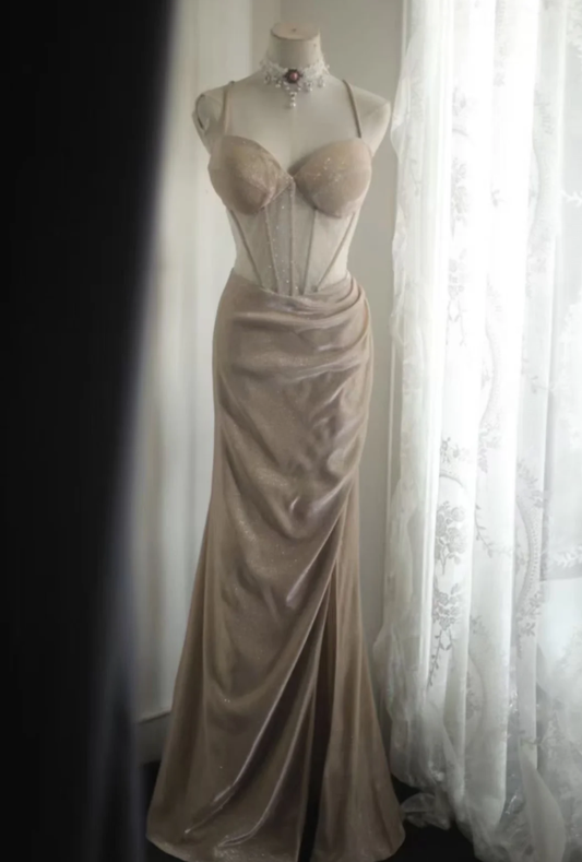 Glitter Spaghetti Straps Satin Beaded Mermaid Slit Evening Dress Long Prom Dress D2320