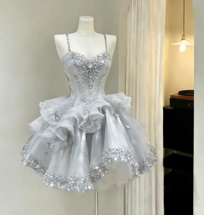 Gorgeous Pink Spaghetti Straps Tulle Beaded A Line Short Graduation Homecoming Dress Cocktail Dress D3007