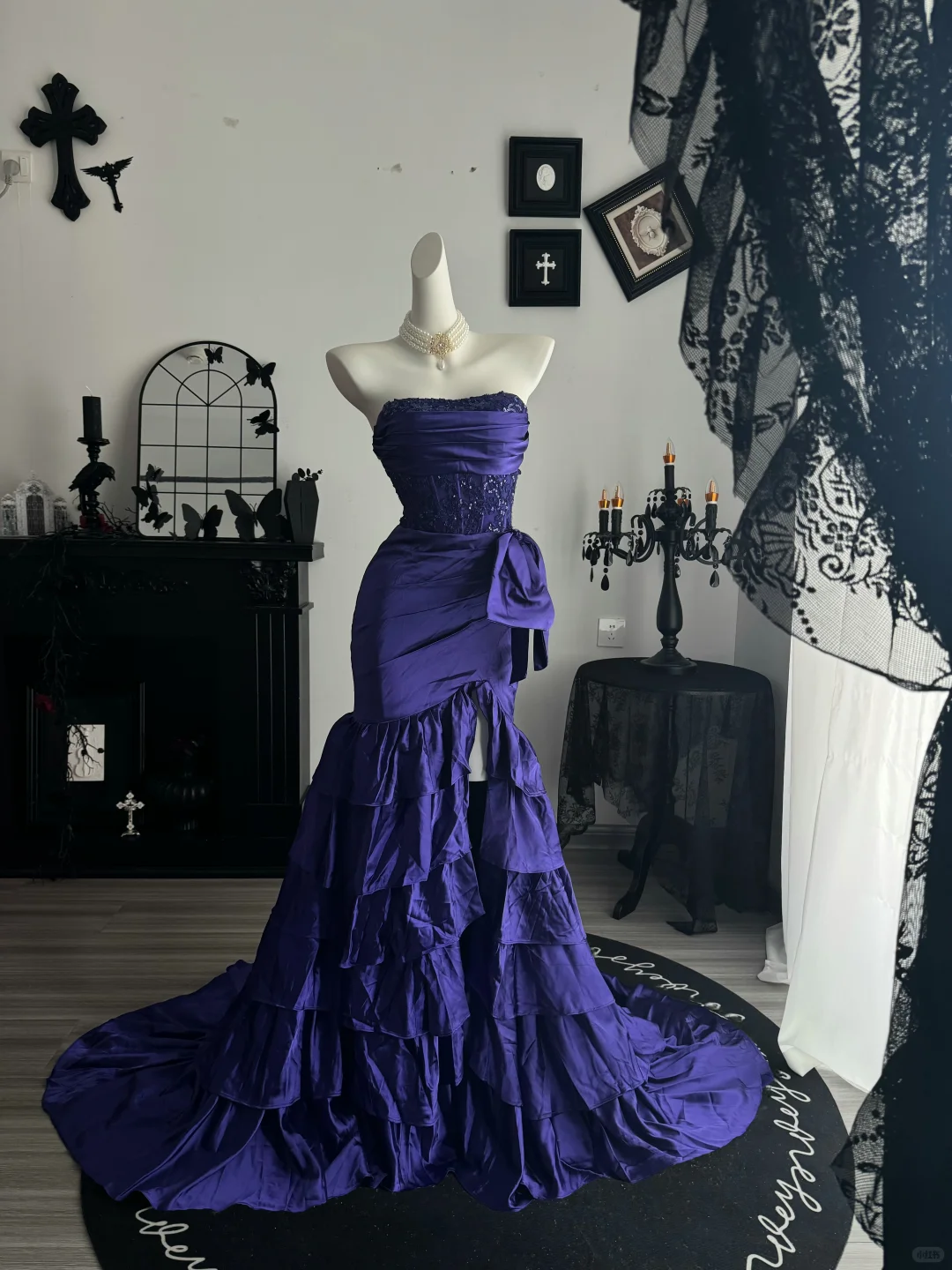 Vintage Strapless Purple Beaded Satin Layered Mermaid Long Prom Dress Evening Dress D3728